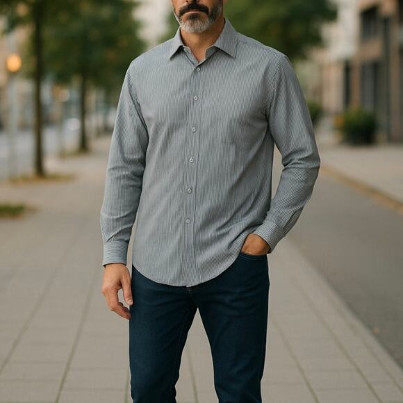 Proper Shirtings Men's Gray Striped Cotton Button Down Shirt - Picture 1 of 8